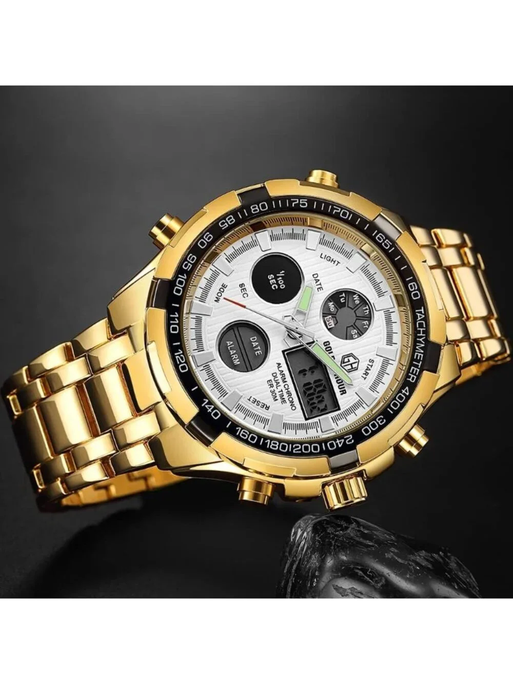 Men's Gold White Stainless Steel Analog Digital Outdoor Waterproof Luxury Watch